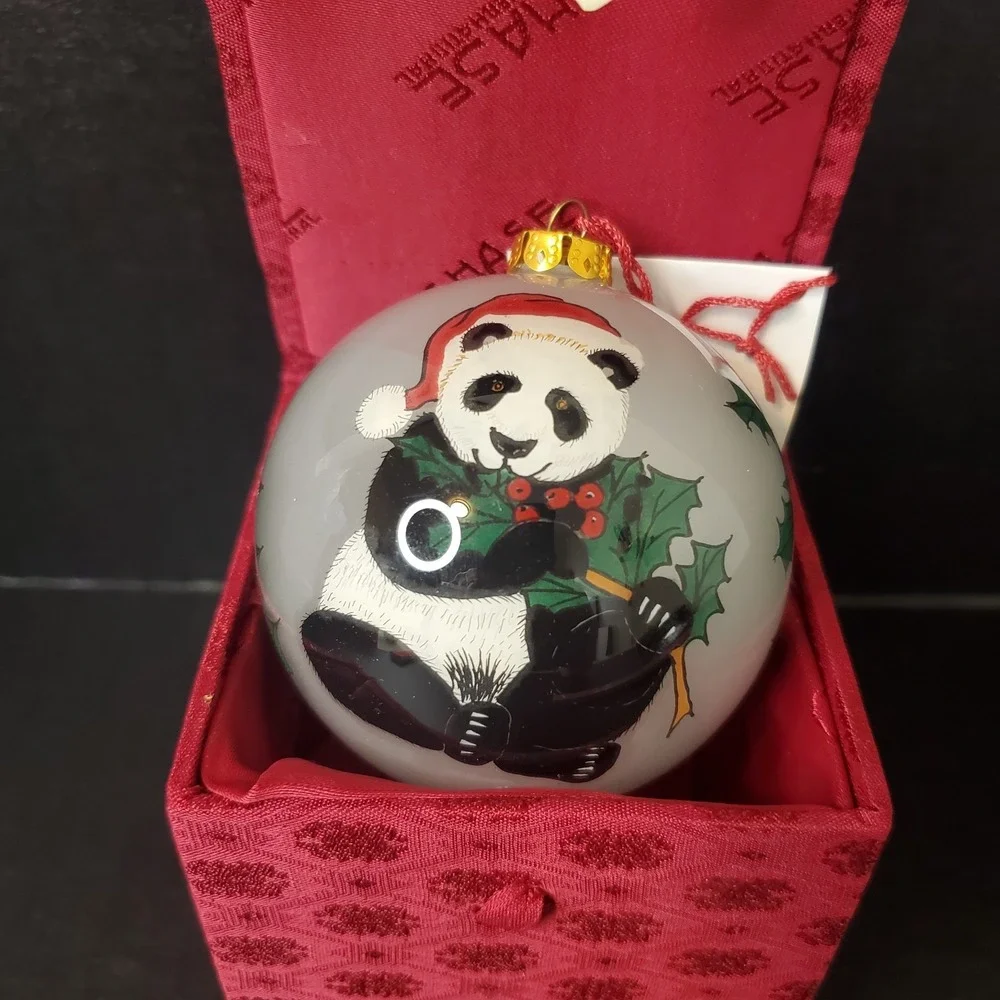 Figi Inside Art Glass Christmas Ornament Hand Painted Panda Bear & Holly, Box #2